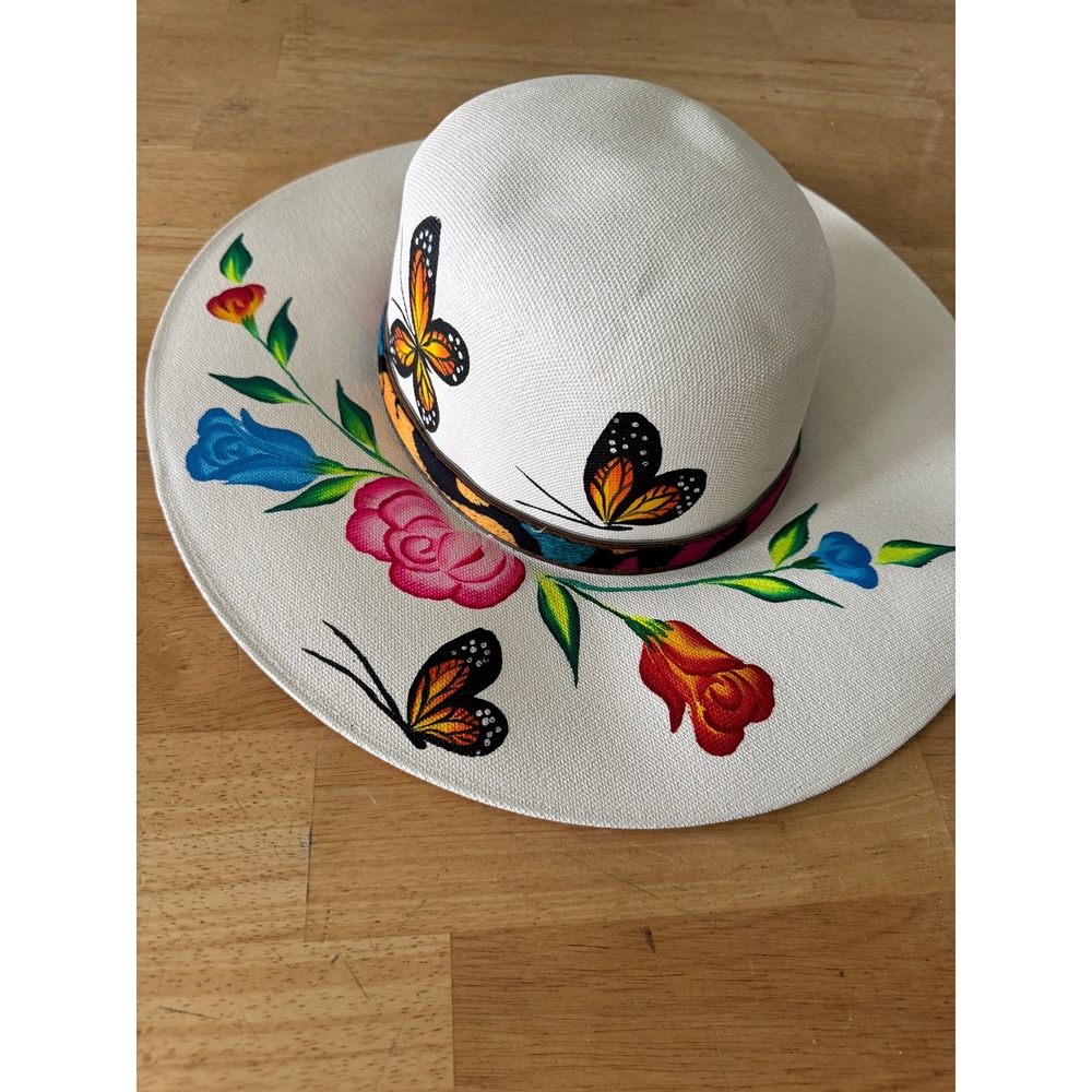Hand Painted Straw Med Sun Hat Floral Butterfly‎ Wide Brim Beach Vacation